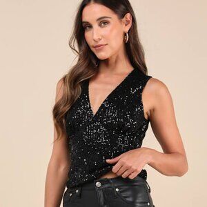Lulus Exceptionally Fabulous Black Sequin V-neck Cropped Tank Top - Size L